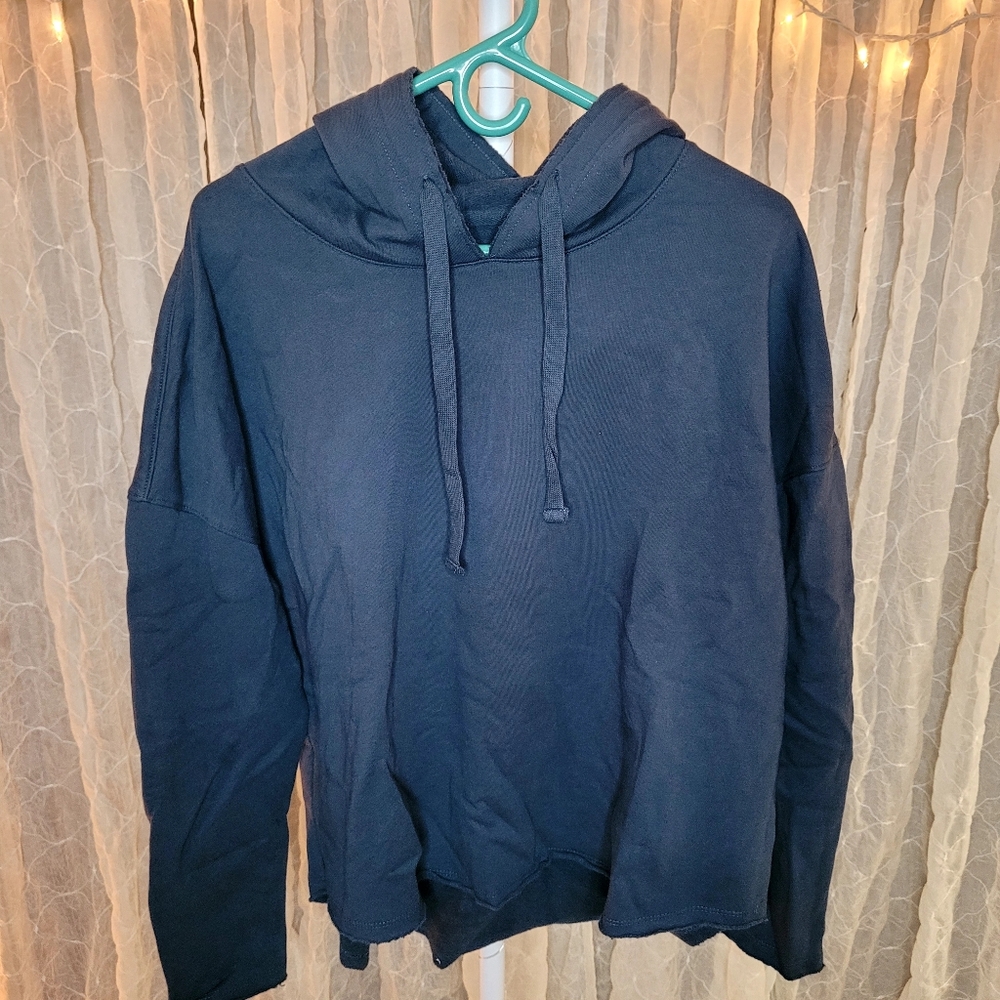 Mono B Oversized Navy Pullover Hoodie Raw Hem High Low Boutique 100% Cotton L